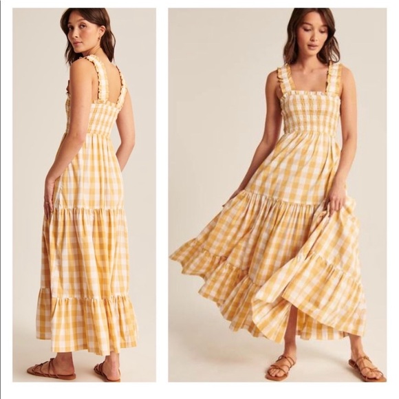 ABERCROMBIE & FITCH Yellow Check Smocked Bodice Easy Maxi Dress XSP - Picture 2 of 3